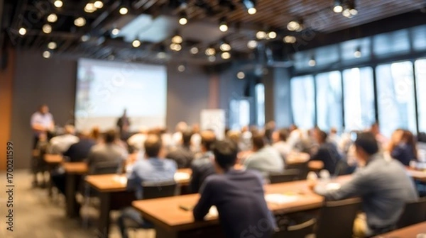 Fototapeta Business Seminar Blur: A blurred seminar or workshop setting with speakers and participants, perfect for professional development and learning themes. High quality