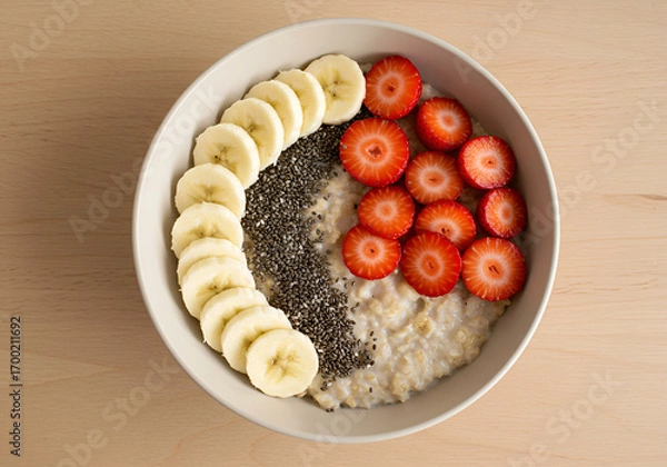 Fototapeta Healthy Lifestyle Breakfast Bowl with Oatmeal, Banana, Strawberries, and Chia Seeds in Overhead View