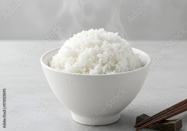 Fototapeta Close-Up of Steamed White Rice in Ceramic Bowl with Chopsticks on Minimalist Background