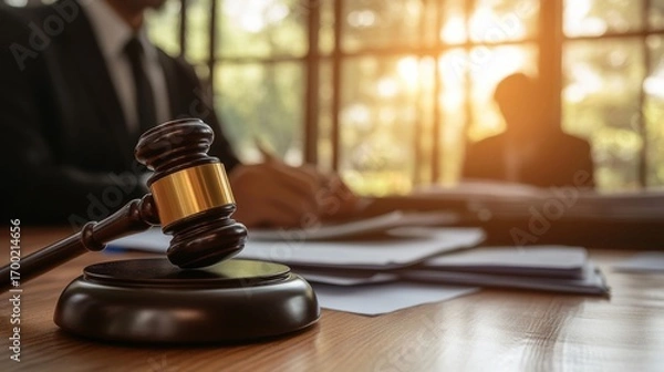 Fototapeta A close-up of a gavel resting on a table, with blurred figures in the background, suggesting a legal or courtroom setting.