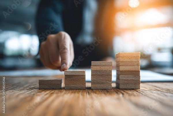 Fototapeta business man try to build wood block on wooden table and blur background business startup concept. High quality