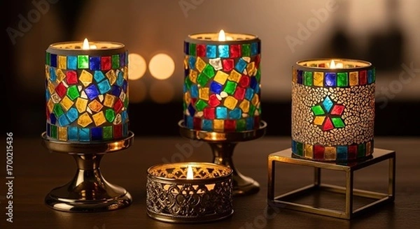 Fototapeta Illuminated Mosaic Candle Holders with Warm Glow and Colorful Gl