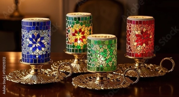 Fototapeta Illuminated Mosaic Candle Holders in Various Colors on Ornate Go
