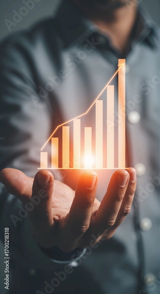 Fototapeta Digital business growth visualization Hand holding glowing bar chart data