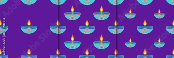 Fototapeta Indian festival Diwali set of seamless pattern featuring diyas in flat style. Deepavali vector illustration on black background for social media, banners, cards