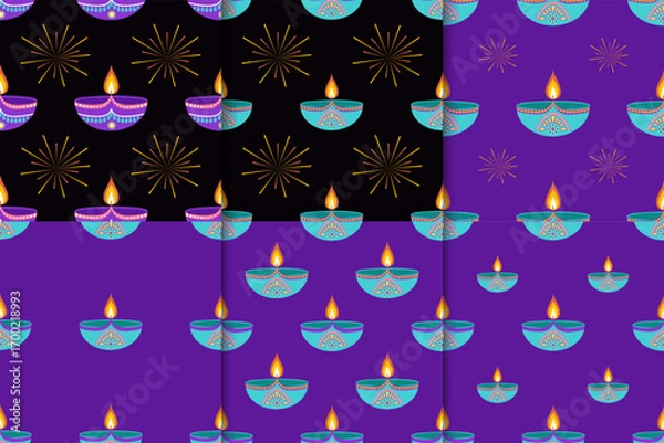 Fototapeta Set of Diwali seamless patterns with diyas in flat style. Deepavali vector illustration for holiday banners and social posts
