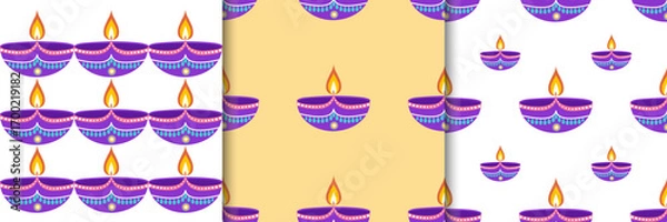 Fototapeta Set of Diwali celebration seamless patterns with diyas and fireworks in flat style. Deepavali vector illustration on black background for social media, banners, cards