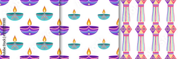 Fototapeta Set of Festive Diwali seamless patterns with diyas and lanterns in flat style. Deepavali vector illustration for digital and print use