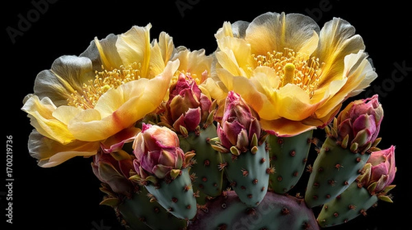 Fototapeta Close up of yellow cactus flowers and pink buds against a solid black background view