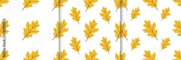 Fototapeta Set of autumn seamless patterns with yellow leaves in flat style. Fall vector illustration for banners and social media, prints