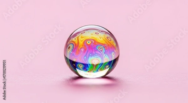 Fototapeta Iridescent sphere with swirling colors on a pink textured surfac