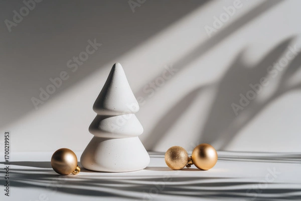 Fototapeta minimalist christmas tree elegantly adorned with golden ornaments stands out against clean white background