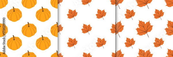 Fototapeta Set of autumn nature seamless patterns with red leaves and pumpkin in flat style. Fall harvest vector illustration for digital use, prints, banners
