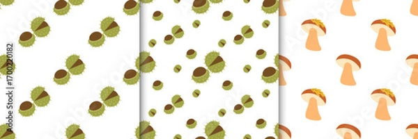 Fototapeta Set of autumn seamless patterns with mushrooms and chestnuts in flat style. Fall harvest vector illustration for banners and social media posts, prints