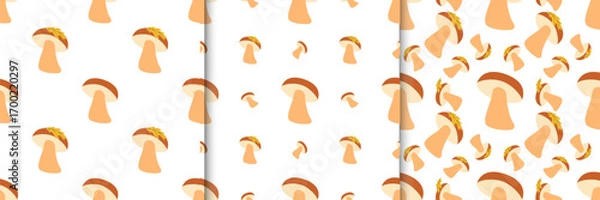 Fototapeta Set of fall seamless patterns with mushrooms in flat style. Autumn vector illustration for banners and greeting cards, prints