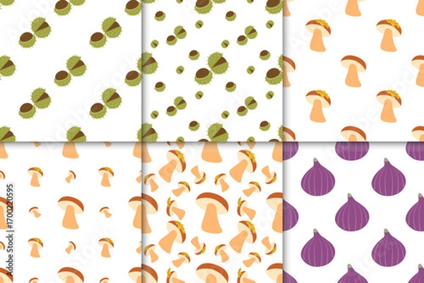 Fototapeta Set of autumn nature seamless patterns with chestnuts, mushrooms, figs in flat style. Fall harvest vector illustration for digital use, prints, banners