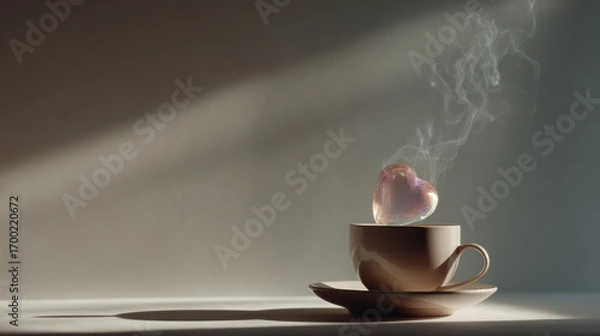 Fototapeta cozy coffee cup with holographic heart floating gracefully above its steaming surface