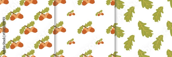 Fototapeta Set of fall seamless patterns with green leaves and acorns in flat style. Autumn vector illustration for banners and greeting cards, prints