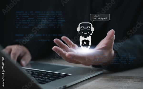 Fototapeta Entrepreneur presenting AI chatbot assistant hologram with conversation bubble above laptop. Concept of artificial intelligence, digital innovation, customer support, and future virtual technology.