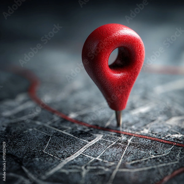 Fototapeta A close up of a red location pin stuck into a map with a red line indicating a route
