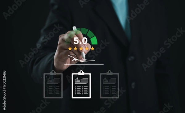 Fototapeta Manager giving five star rating on digital interface with performance review checklist. Concept of customer satisfaction, feedback, evaluation, business quality, and online reputation management.