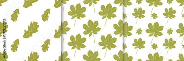 Fototapeta Collection of autumn seamless patterns with green leaves in flat style. Fall harvest vector illustration for banners and social media posts, prints