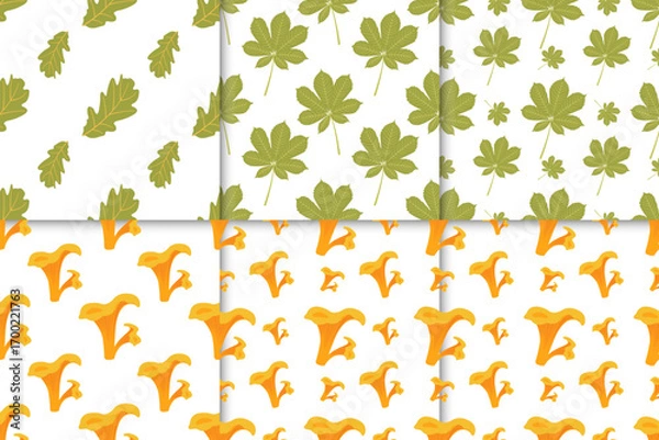 Fototapeta Collection of fall seamless patterns with green leaves and mushrooms in flat style. Autumn vector illustration for banners and greeting cards, prints