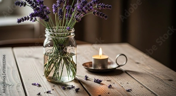 Fototapeta Lavender in Ball Jar with Candlelight on Rustic Wooden Table