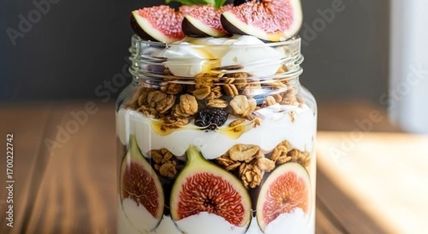 Fototapeta Layered Fig and Granola Parfait in Glass Jar with Honey Drizzle