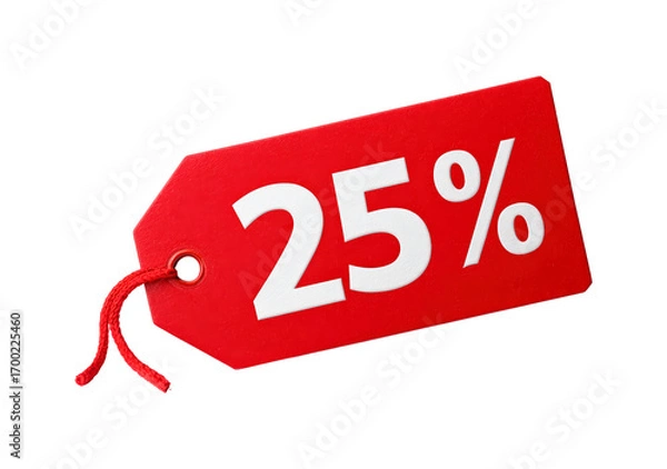 Fototapeta Red discount tag featuring 25 percent off in bold white text on transparent background, PNG
