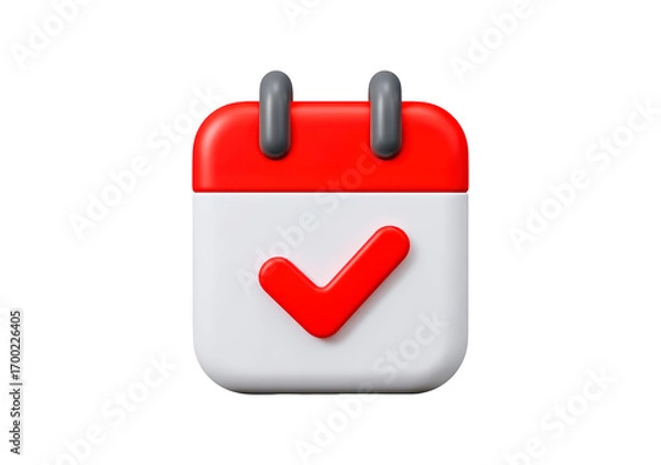 Fototapeta 3d calendar icon with red check mark and gray loops for task management on transparent background, PNG