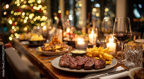 Obraz Cozy festive Christmas dinner table with steak and wine for celebration