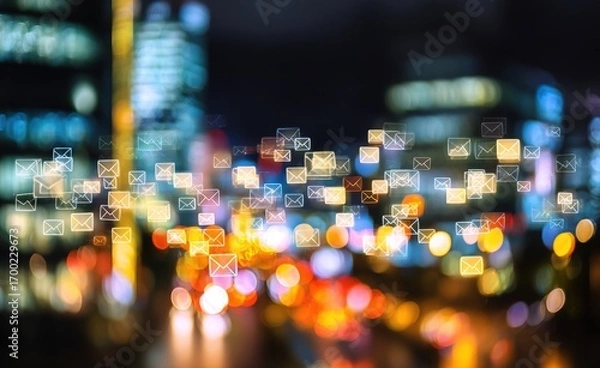 Fototapeta Emails with blurred city abstract lights background. High quality