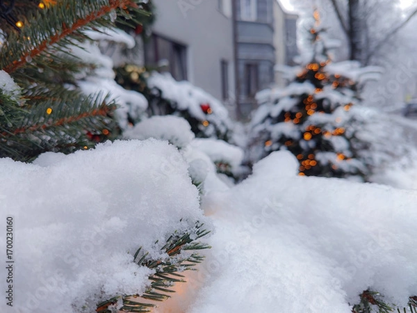 Obraz Winter wonderland with snow-covered trees and festive lights in a cozy neighborhood setting during the holiday season