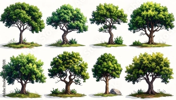Obraz Nine diverse illustrations of trees, each with unique trunk and leaf details, presented on a white background.
