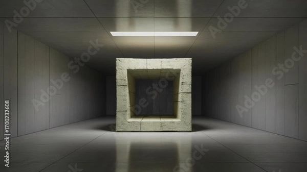 Fototapeta A low-angle shot shows a hollow concrete cube in a stark, gray room. A single fluorescent light fixture is visible above, creating a sense of minimalistic isolation.