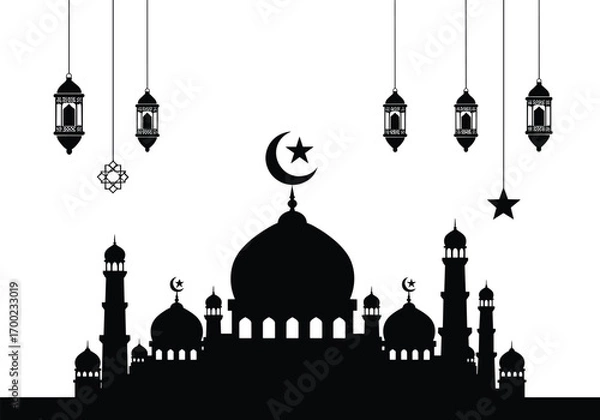 Fototapeta Islamic mosque silhouette with crescent moon, hanging lanterns, minarets, and geometric pattern, perfect for Ramadan, Eid, religious celebration, and cultural design themes
