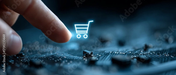 Fototapeta Person finger touching glowing digital shopping cart icon for e commerce