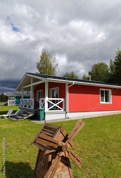Fototapeta a sample red house in Scandinavian style