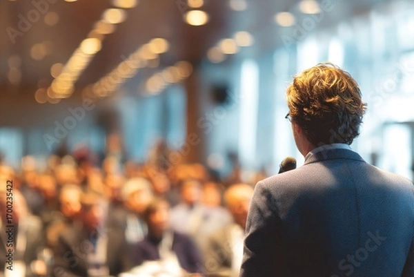 Fototapeta image of a speaker giving a lecture at a business seminar. High quality