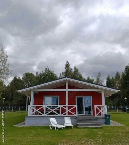 Fototapeta a sample red house in Scandinavian style