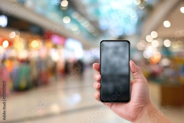 Fototapeta Hand holding smart phone over blur store background. High quality