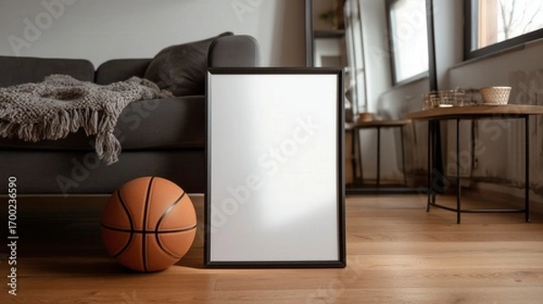 Fototapeta Photo of a black modern poster mockup frame leaning against sofa with blank white paper inside in contemporary room with basketball and stylish furniture studio product photography