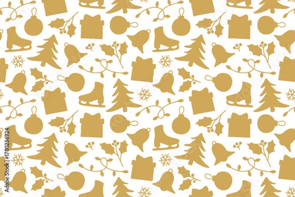 Fototapeta golden seamless christmas pattern with ice skates, fir tree, bell, holly berry twig, gift, bauble, lights, snowflake; great for wrapping, textile, wallpaper, greeting card- vector illustration