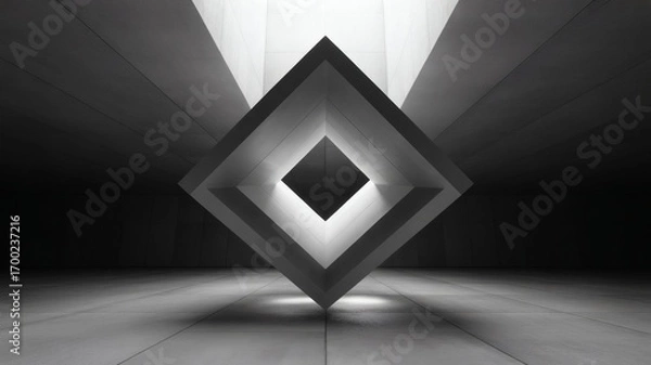 Fototapeta A geometric sculpture, likely intended for architectural illustration. The square frame has a hollow center with light from above. The photo has been submitted to stock photography site.