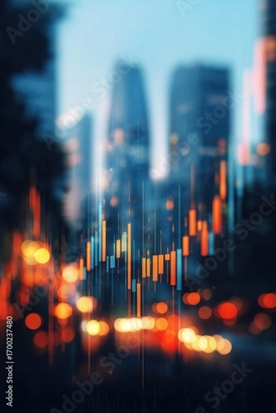Fototapeta Blurred background of Stock market business concept with financial chart on screen and metropolis. Investment and trading background. High quality