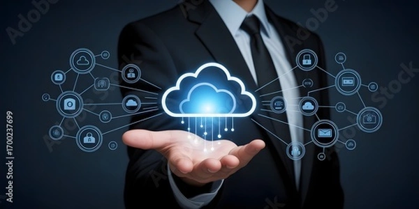 Obraz Businessman holding cloud computing concept in his hand, data storage