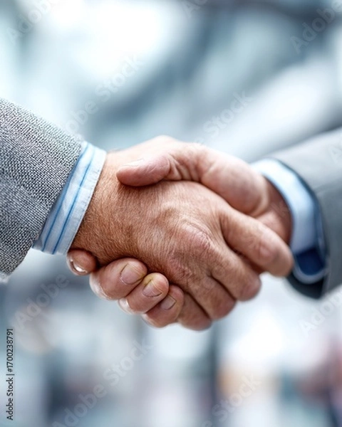 Fototapeta Closeup of a firm handshake between business professionals, with blurred office background, ideal for financial or legal service ads. High quality