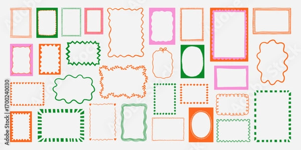 Fototapeta Set of whimsical hand-drawn frames with wavy squiggle curly ribbons in trendy, vintage styles. Vector playful border frames for trendy invitations, cards