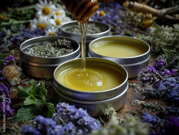 Obraz Natural healing balms surrounded by herbs and flowers.